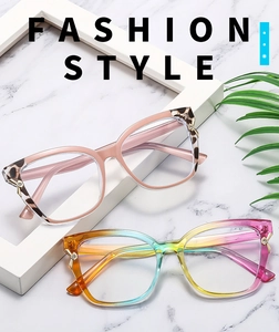 Detail of oversized cat eye frames in pink leopard and gradient rainbow colors