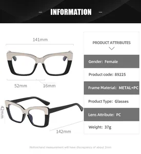 Detailed dimension chart showing size parameters for cat-eye rectangular frame glasses