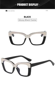 Detail of cat-eye rectangle glasses with bold black and off-white color-block design