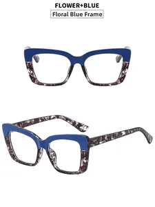 Detail view of floral blue square glasses frame with unique tortoise pattern on high quality acetate