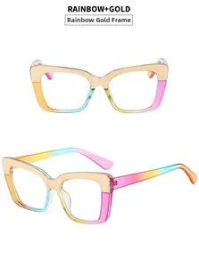 Detail of trendy rainbow and gold cat-eye frame glasses with metal accents on white base
