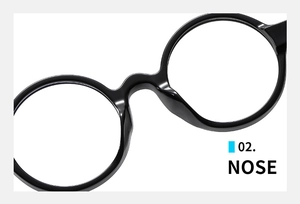 Detailed close-up of the smooth black oval glasses frame showing the integrated nose bridge