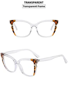 Detailed views of cat-eye glasses with transparent frames and leopard pattern accents