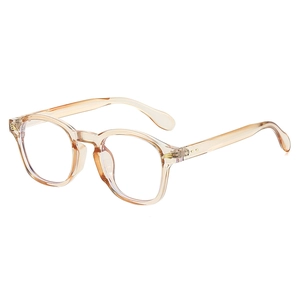 Retro round champagne transparent glasses with gold wing accents in a front view