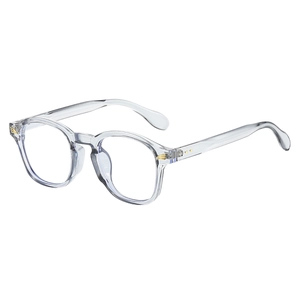 Retro round transparent eyewear frame with gold feather hinge and rivet detailing