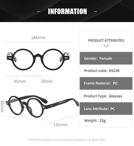 Detailed dimensions of retro oval black frames with gold wing accents and light PC material