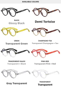 Detail view of retro oval glasses frames in eight colors with metal hinge accents