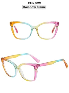 Detail of rainbow gradient cat-eye frame with gold cross accents and multi-color finish