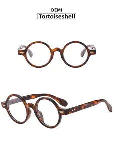 Detail of retro tortoiseshell oval glasses frame with elegant golden metal hinge accents