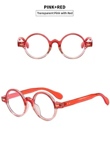 Detail of pink transparent oval frame glasses with elegant golden feather temple accents