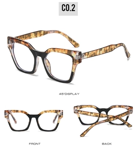 Detailansicht der quadratischen Cat-Eye Brille mit schwarzen Rahmen und Schildpatt-Akzenten