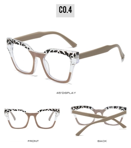 Detailansicht aus mehreren Winkeln der Brille mit Leopardenmuster und transparenten Farben