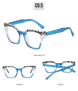 Detailansichten der PC-Katzenaugen-Brille in Blau-Verlauf mit Kuhmuster-Akzenten