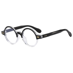 Retro oval black and clear frame glasses with gold wing accents shown from a 45-degree angle