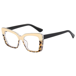 Fashionable cat-eye rectangular glasses frame with gold metal and leopard print accents