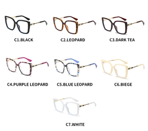 Collection of oversized square cat-eye blue light blocking glasses in seven colors