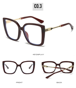 Three-way view of wine red cat-eye glasses frame with golden metal temple arms