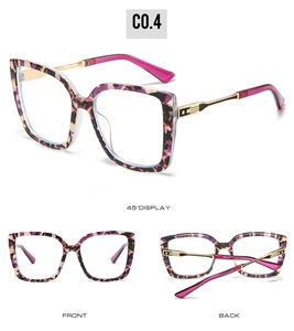 Detailed views of purple tortoiseshell cat-eye glasses with golden metal temples