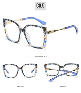 Three-view display of cat-eye blue light glasses with tortoiseshell frame and gold metal legs