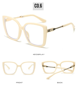 Detailed views of cream cat-eye glasses frames from front, back, and 45-degree angles