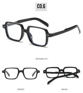 Mehrere Ansichten der Retro-Quadrat-Sonnenbrille mit schwarzem Rahmen und Metallnieten