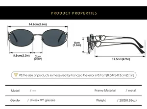 Tableau des tailles et caractéristiques détaillées pour lunettes Y2K rétro métal