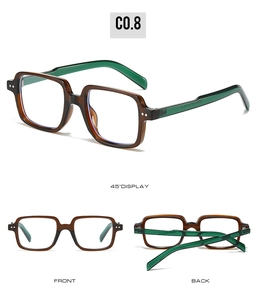 Drei Ansichten der Retro-Quadrat-Sonnenbrille mit bernsteinfarbenem Rahmen und grünen Bügeln