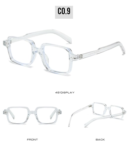 Detailansichten der transparenten quadratischen Sonnenbrille mit 45-Grad- und Frontansicht
