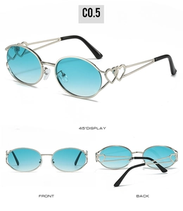 Vues détaillées de lunettes Y2K en métal argenté avec découpe cœur et verres dégradés bleus