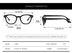 Detailed size chart for unisex round PC frame glasses showing dimensions and weight