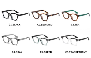 Detailed collection of six round frame glasses in black, tortoiseshell, and transparent colors