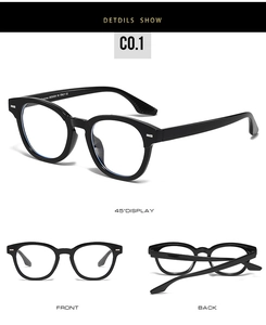Detailed views showing the front, side, and back of black round frame eyeglasses with silver studs