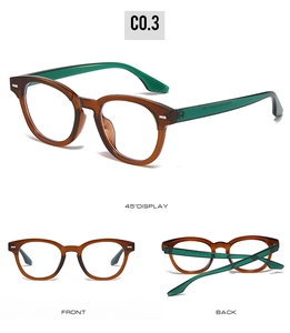 Detail view of round retro frames with metal hinges and dark brown finish in three angles