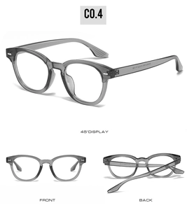 Front and back detail of retro round grey translucent anti-blue light glasses frame