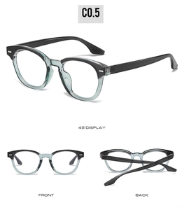 Detail of round black and translucent blue eyeglasses frame with anti-blue light lens