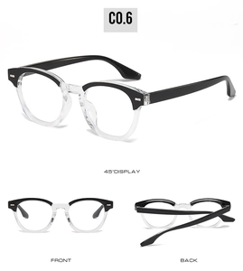 Detailed views of round fashion glasses frames with anti-blue light clear lenses