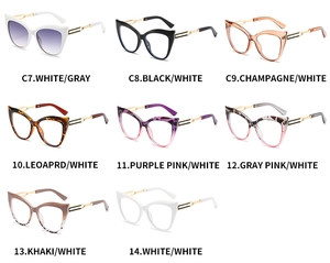 Cat eye glasses frames with gold metal accents showing multiple colors and patterns