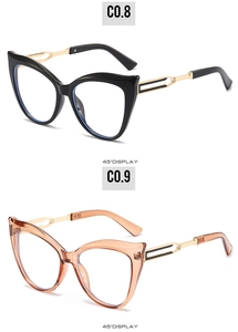 45-degree view of cat-eye glasses frames with hollow golden metal temples in C0.8 and C0.9