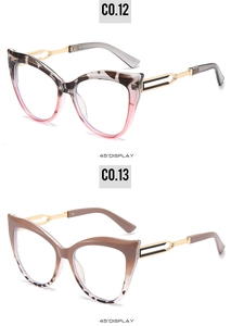 Detail of cat-eye frames C0.12 and C0.13 with gradient colors and golden metal temples