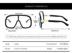 Detailed dimensions for modern oversized flat top goggles with PC and metal frames