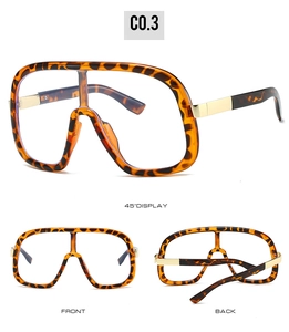 Detailed views of leopard print oversized retro glasses with gold metal accents