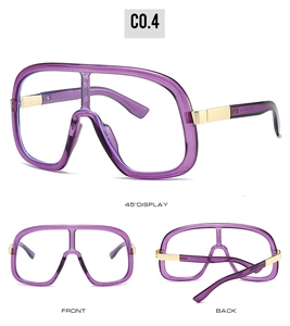 Three-view layout of purple oversized glasses with gold metal hinges on white background