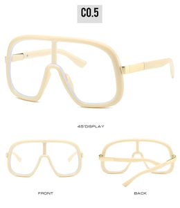 Macro view of creamy beige oversized frames with light blue lenses from multiple angles