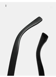 Macro detail of glossy black curved temple arms on modern oversized eyeglasses