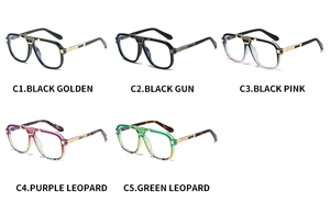 Detail view of five stylish pilot glasses frames in various colors with metal temples