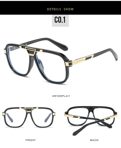 Detailed views of black pilot glasses featuring gold metal accents and sleek PC frame