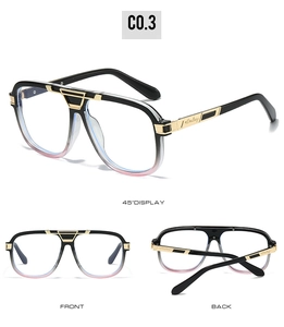 Detail of pilot glasses with black frames, gold metal temples, and gradient pink lenses