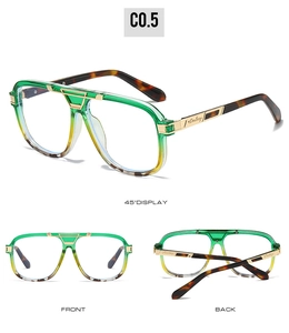 Three views of gradient green oversized glasses with metal accents and tortoise temples