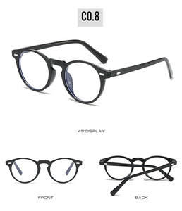 Three-view display of black round vintage glasses including 45-degree angle front and back