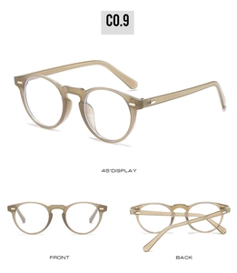 Three-way view of retro round champagne sunglasses with silver rivets and 45-degree angle